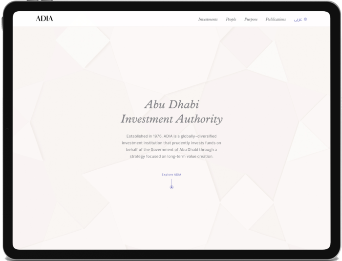 阿布扎比投资局:Homepage for the Abu Dhabi Investment Authority website shown in a tablet device.