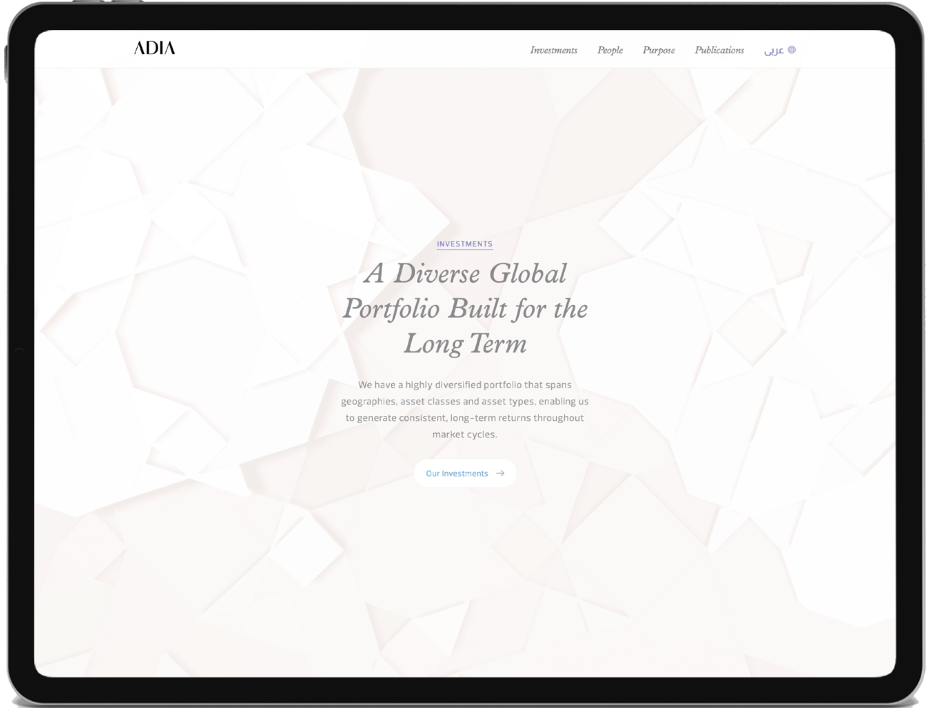 阿布扎比投资局:‘Investments’ page with geometric background on Abu Dhabi Investment Authority website on tablet device.