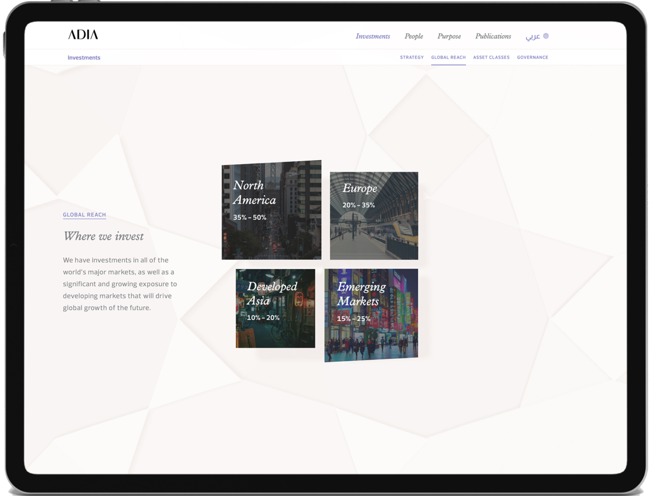 阿布扎比投资局:‘Global Reach’ page content structure of ADIA website design shown on tablet device.